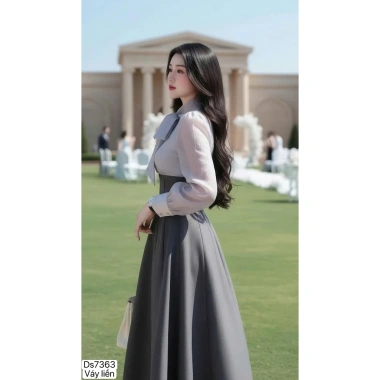 Váy Xòe DVC Ghi Cổ Nơ Phối Tơ DS7.363 - Dolce Viva Collection - Giá 520k