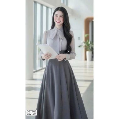 Váy Xòe DVC Ghi Cổ Nơ Phối Tơ DS7.363 - Dolce Viva Collection - Giá 520k