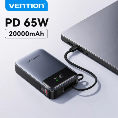 Vention 65W 20.000mAh – 3 Cổng Sạc Nhanh Laptop/Phone, Cáp Tích Hợp, BH 12 Tháng