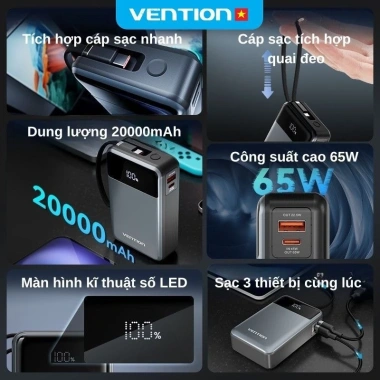 Vention 65W 20.000mAh – 3 Cổng Sạc Nhanh Laptop/Phone, Cáp Tích Hợp, BH 12 Tháng