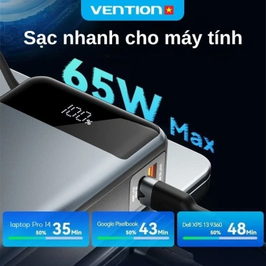 Vention 65W 20.000mAh – 3 Cổng Sạc Nhanh Laptop/Phone, Cáp Tích Hợp, BH 12 Tháng