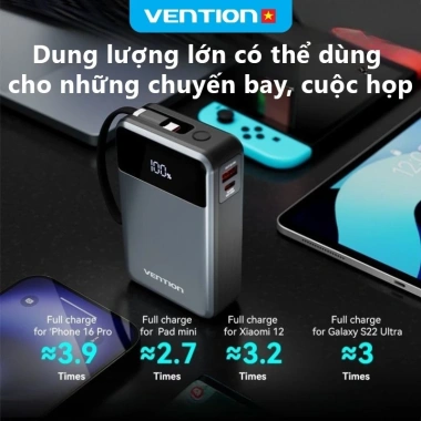 Vention 65W 20.000mAh – 3 Cổng Sạc Nhanh Laptop/Phone, Cáp Tích Hợp, BH 12 Tháng 4 Vention 65W 20.000mAh – 3 Cổng Sạc Nhanh Laptop/Phone, Cáp Tích Hợp, BH 12 Tháng 4