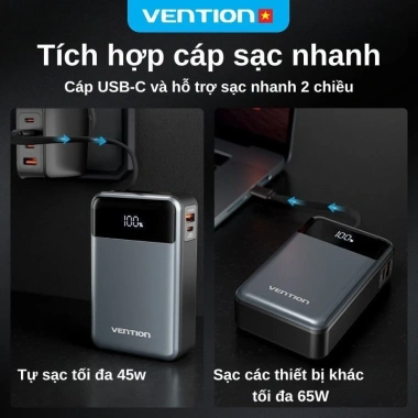 Vention 65W 20.000mAh – 3 Cổng Sạc Nhanh Laptop/Phone, Cáp Tích Hợp, BH 12 Tháng