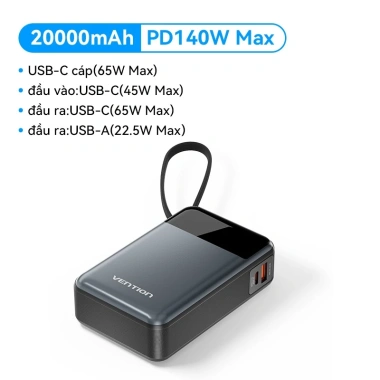 Vention 65W 20.000mAh – 3 Cổng Sạc Nhanh Laptop/Phone, Cáp Tích Hợp, BH 12 Tháng 10 Vention 65W 20.000mAh – 3 Cổng Sạc Nhanh Laptop/Phone, Cáp Tích Hợp, BH 12 Tháng 10