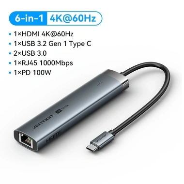 Vention Hub Type-C 6 trong 1 PD100W Mini - USB-A, USB3.0 5Gbps, HDMI, Tốc độ cao, Giá ưu đãi 355.300₫ 10