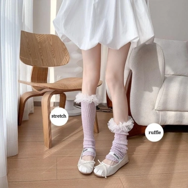 VERGE LIMIT Sweet Leg Warmer - Tất xếp nếp cao tới đầu gối, dệt kim màu kẹo, ren múa ba lê, hở ngón chân - Giá 72.576₫ 4