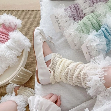 VERGE LIMIT Sweet Leg Warmer - Tất xếp nếp cao tới đầu gối, dệt kim màu kẹo, ren múa ba lê, hở ngón chân - Giá 72.576₫ 5