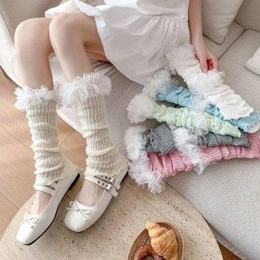 VERGE LIMIT Sweet Leg Warmer - Tất xếp nếp cao tới đầu gối, dệt kim màu kẹo, ren múa ba lê, hở ngón chân - Giá 72.576₫ 8