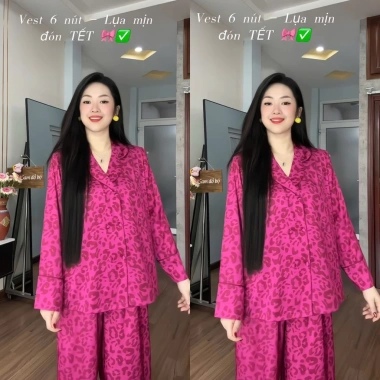 Vest lụa mịn tay dài, phom rộng 6 nút - Bộ pijama cho phụ nữ, giá ưu đãi 279.000₫