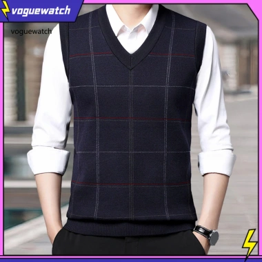 Vest nam áo len không tay kẻ sọc mềm mại, cổ V, phù hợp trung niên - giảm 23%