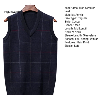 Vest nam áo len không tay kẻ sọc mềm mại, cổ V, phù hợp trung niên - giảm 23%