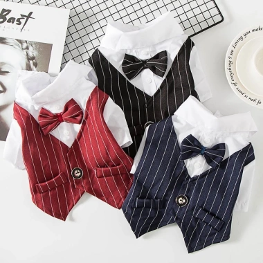 Vest Thú Cưng Dáng Tây Sọc và Nơ Bướm Thoáng Khí Quanh Năm Cho Mèo và Chó Nhỏ - Hoàn Hảo Tiệc Cưới và Party