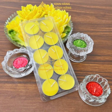 Vỉ 10 Viên Nến Xu Tealight Trơn Bơ Organic Không Khói Nhiều Màu - Cúng Mụ, Xông Tinh Dầu, Dâng Lễ, Cháy 4h, Giá 40.000₫
