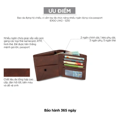 Ví cầm tay đa ngăn IDIGO UW2 1.230 - Đựng passport, thẻ, tiền, giảm giá 17%