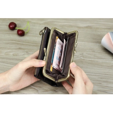 Ví da thật nữ, giá đỡ, khung kim loại nhỏ có khóa kéo, ngăn thẻ tiện dụng 658.260 VND