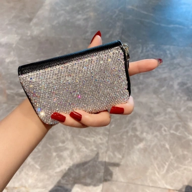 Ví đựng thẻ nữ đa ngăn mini, bọc card ngắn đính đá kim cương nhân tạo - Giá 216.000₫