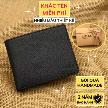 Ví nam khắc tên da bò thật Saffiano LIDAN bóp ngang hộp vintage thiệp đẹp quà tặng
