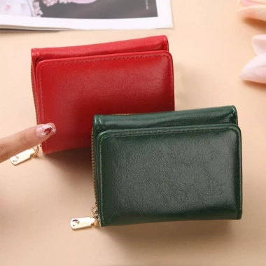 Ví ngắn nữ da PU thời trang 3 ngăn thẻ, khóa kéo, cầm tay vuông, chất lượng cao