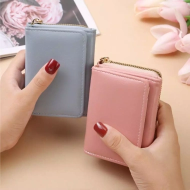 Ví ngắn nữ da PU thời trang 3 ngăn thẻ, khóa kéo, cầm tay vuông, chất lượng cao