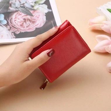 Ví ngắn nữ da PU thời trang 3 ngăn thẻ, khóa kéo, cầm tay vuông, chất lượng cao