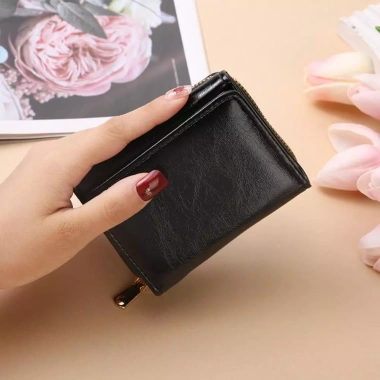 Ví ngắn nữ da PU thời trang 3 ngăn thẻ, khóa kéo, cầm tay vuông, chất lượng cao