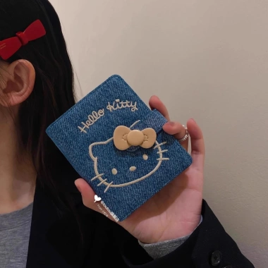 Ví nhỏ da bò Hello Kitty denim - Mini ví ngắn đựng tiền xu & thẻ tiện dụng cho nữ sinh