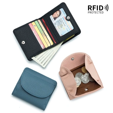 Ví nữ phong cách Nhật Bản da thật Bifold siêu mỏng RFID, mini đựng thẻ da bò 4