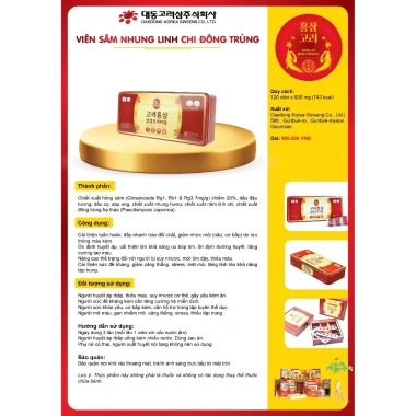 Viên Đạm Hồng Sâm Nhung Hươu Linh Chi Đông Trùng Hạ Thảo Daedong Hàn Quốc 120 Viên - Giá Ưu Đãi 950k