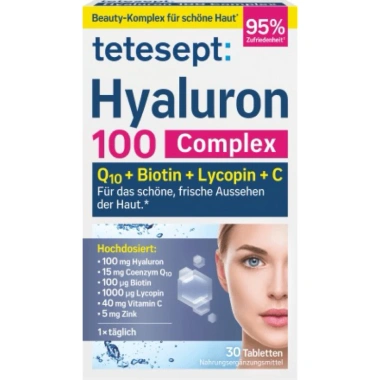 Viên uống cấp nước Tetesept Hyaluron 100 Complex Q10 Biotin Lycopin C - Da sáng, hộp 30 viên, 325.000 VND