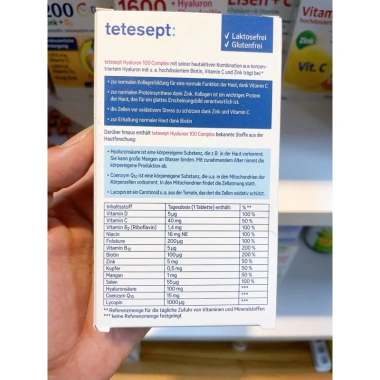 Viên uống cấp nước Tetesept Hyaluron 100 Complex Q10 Biotin Lycopin C - Da sáng, hộp 30 viên, 325.000 VND