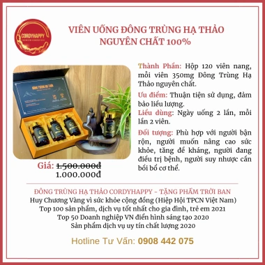 Viên Uống Đông Trùng Hạ Thảo Nguyên Chất 100% CordyHappy - Tăng đề kháng, hỗ trợ sức khỏe, giá 449.000 VND (120 viên)
