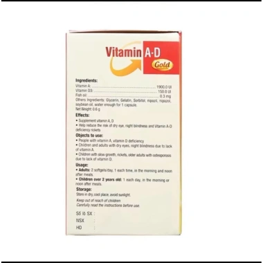 Vitamin A-D Gold 100 viên - Giảm Khô Mắt, Quáng Gà, Còi Xương cho Trẻ Em & Người Cao Tuổi, Giá 58.000₫ 7 Vitamin A-D Gold 100 viên - Giảm Khô Mắt, Quáng Gà, Còi Xương cho Trẻ Em & Người Cao Tuổi, Giá 58.000₫ 7
