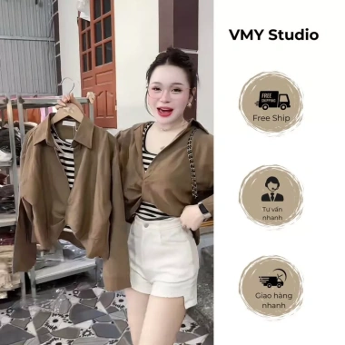 VMY Studio Áo sơ mi mix kẻ vòng cổ nhiều màu tay dài xinh xắn nữ - Giá 232.000 VND