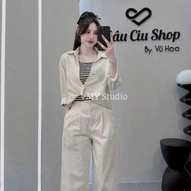 VMY Studio Áo sơ mi mix kẻ vòng cổ nhiều màu tay dài xinh xắn nữ - Giá 232.000 VND