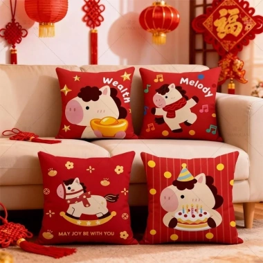 Vỏ gối ném đỏ Năm Mới, thiết kế Ngựa Lễ Hội, in một mặt, gối ném sofa phòng khách - tốt lành, giàu có