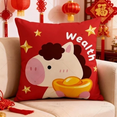 Vỏ gối ném đỏ Năm Mới, thiết kế Ngựa Lễ Hội, in một mặt, gối ném sofa phòng khách - tốt lành, giàu có
