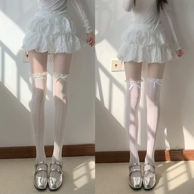 Vớ Nơ Gothic Ren JK Fishnet Màu Be - Tất Nữ Đầu Gối Dễ Thương Phục Sinh Viên 2