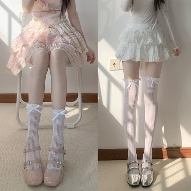 Vớ Nơ Gothic Ren JK Fishnet Màu Be - Tất Nữ Đầu Gối Dễ Thương Phục Sinh Viên 4