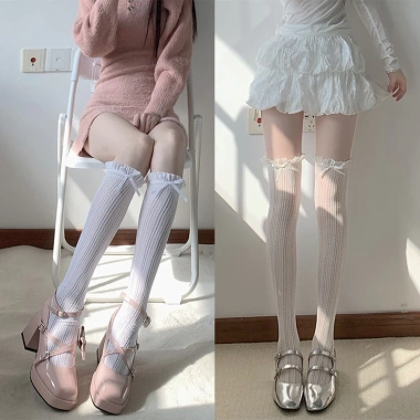 Vớ Nơ Gothic Ren JK Fishnet Màu Be - Tất Nữ Đầu Gối Dễ Thương Phục Sinh Viên 5