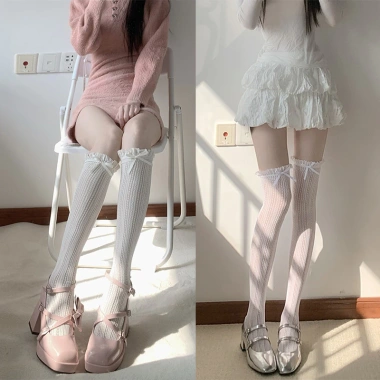 Vớ Nơ Gothic Ren JK Fishnet Màu Be - Tất Nữ Đầu Gối Dễ Thương Phục Sinh Viên 6