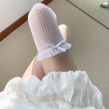 Vớ Nơ Gothic Ren JK Fishnet Màu Be - Tất Nữ Đầu Gối Dễ Thương Phục Sinh Viên 9