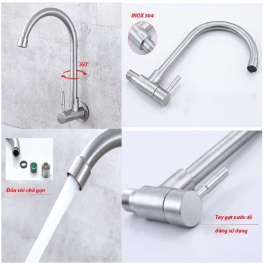 Vòi rửa chén bát lạnh gắn tường Inox 304 cần cứng - Giá chỉ 114.000 VND, giảm mạnh 7