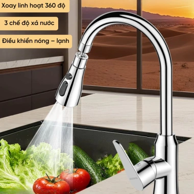 Vòi rửa chén GOOPA nóng lạnh 3 chế độ, thép không gỉ cao cấp, xoay 360 độ tiện lợi