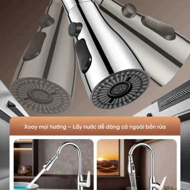 Vòi rửa chén GOOPA nóng lạnh 3 chế độ, thép không gỉ cao cấp, xoay 360 độ tiện lợi