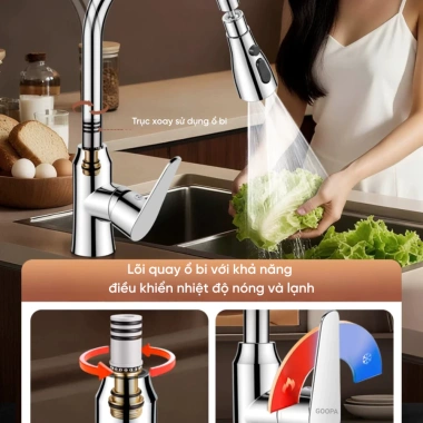 Vòi rửa chén GOOPA nóng lạnh 3 chế độ, thép không gỉ cao cấp, xoay 360 độ tiện lợi