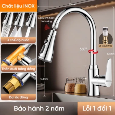Vòi rửa chén GOOPA nóng lạnh 3 chế độ, thép không gỉ cao cấp, xoay 360 độ tiện lợi