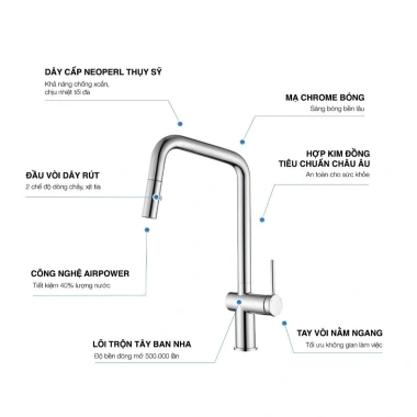 Vòi rửa chén Kluger KLF19C Inox 304 Cao Cấp - Nóng Lạnh 2 chế độ, xoay 360° - Giá ưu đãi 3.192.000₫ 3