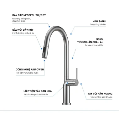 Vòi rửa chén Kluger KLF20S inox bền đẹp - Giá 2.990.000 cho bếp hiện đại