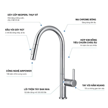 Vòi rửa chén Kluger KLF3C Nóng Lạnh 2 chế độ, đầu xoay 360, chống gỉ sét - Giá ưu đãi 3,512,000₫