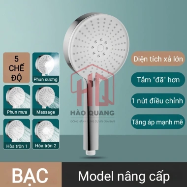 Vòi sen tắm 5 chế độ tăng áp - Đầu sen 12cm áp lực mạnh, phun siêu mịn, 58.344₫